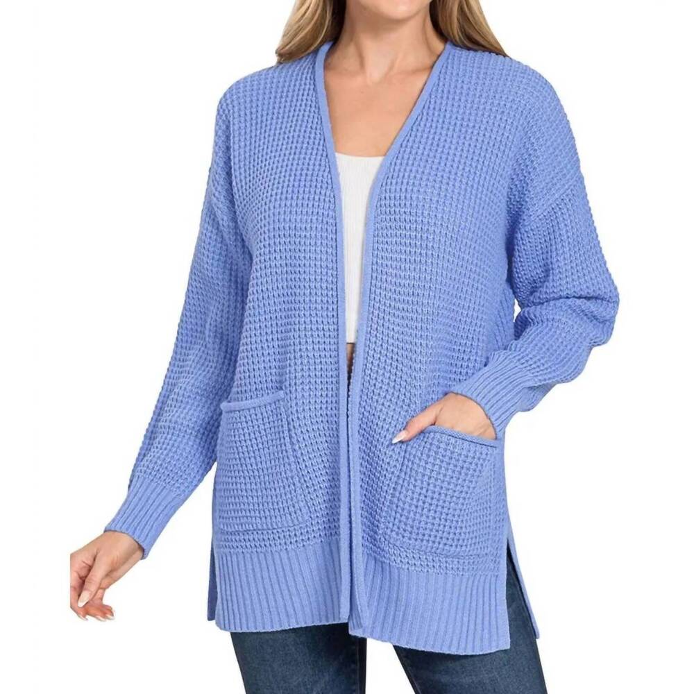 NEW VANILLA MONKEY cuddle up waffle open cardigan sweater in cornflower blue